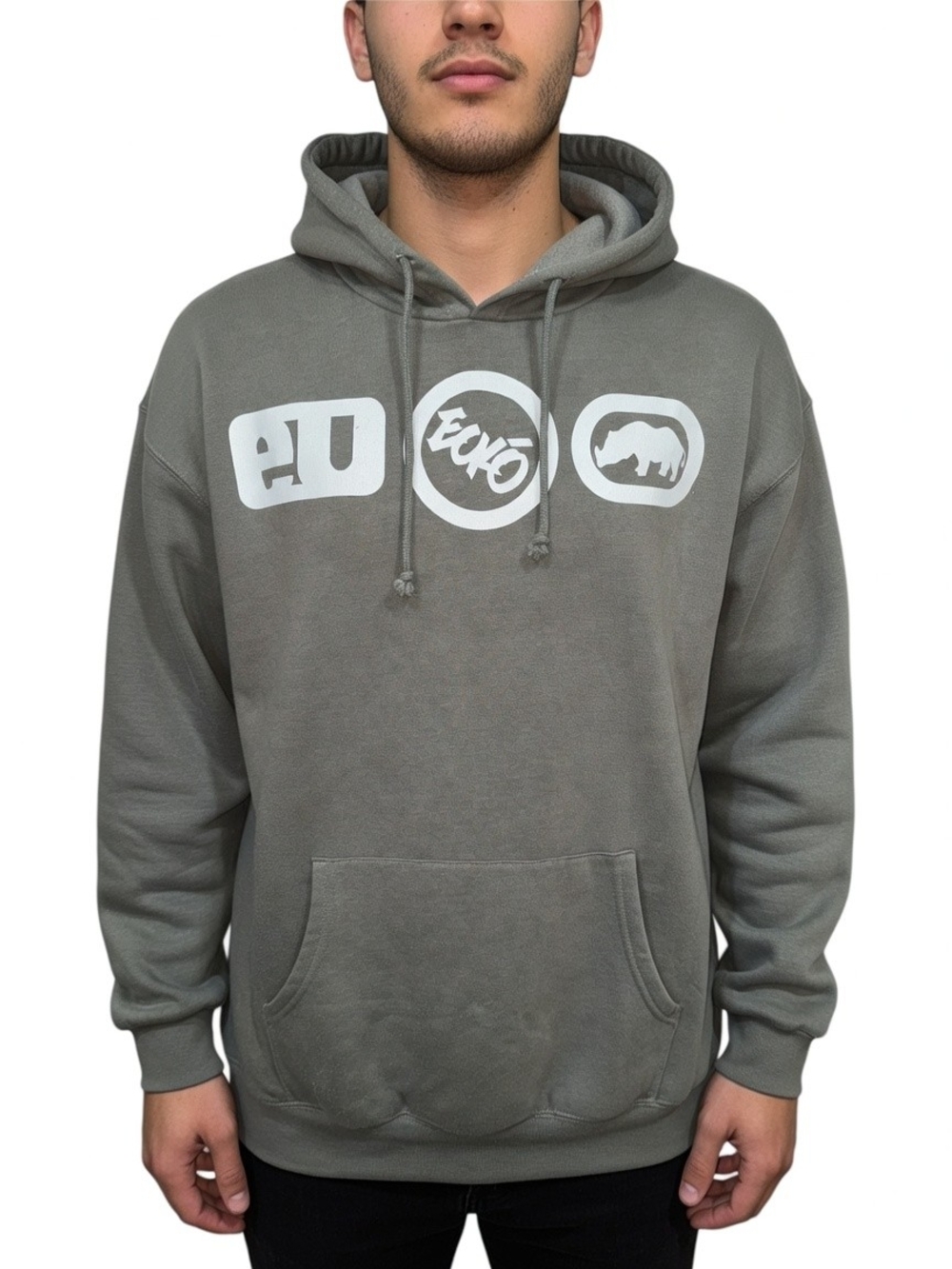 Ecko Unlimited Men's Y2K Light Olive Green Logo Front Pullover Hoodie Size XL